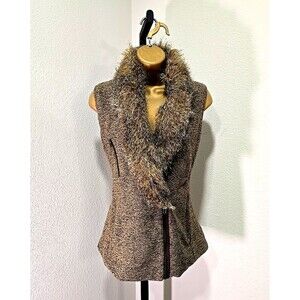 Penny Lane Y2K Vest Faux Fur Trim Womens Med XS THML Bratz Brown Tweed Boho Chic